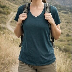 Woolx Mia Merino Wool Blend V-Neck Tee Green Short Sleeve Shirt Womens XL O2